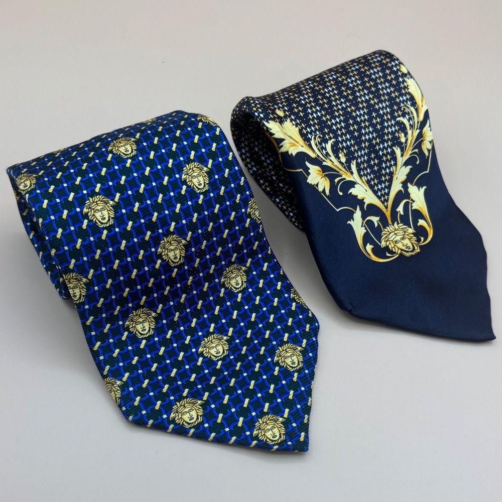 VTG‎ Gianni Versace Silk Tie Lot 2 Medusa Baroque Blue Navy Gold Mens Neckties